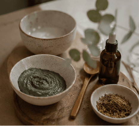 Natural facial mask, botanical oil, and dried herbs for skincare